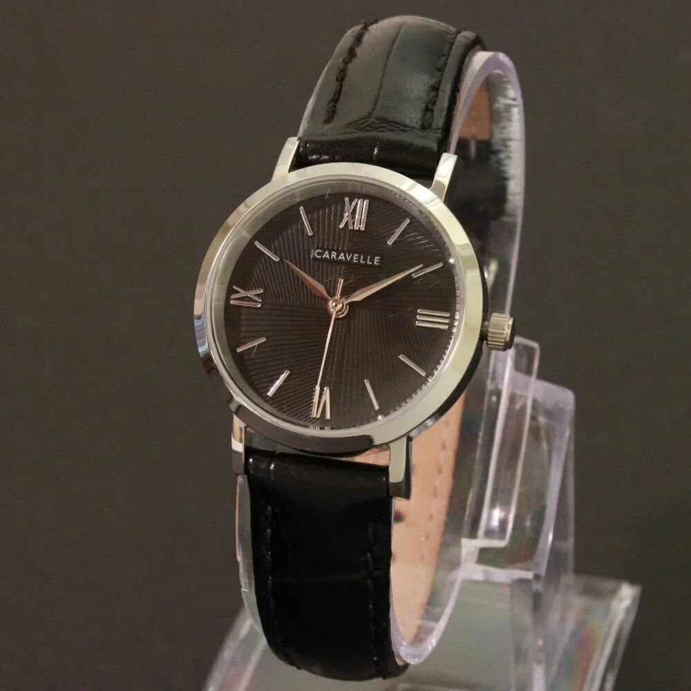 Caravelle Ladies Quartz Dress Watch By Bulova Black Textured Dial, Strap 28mm